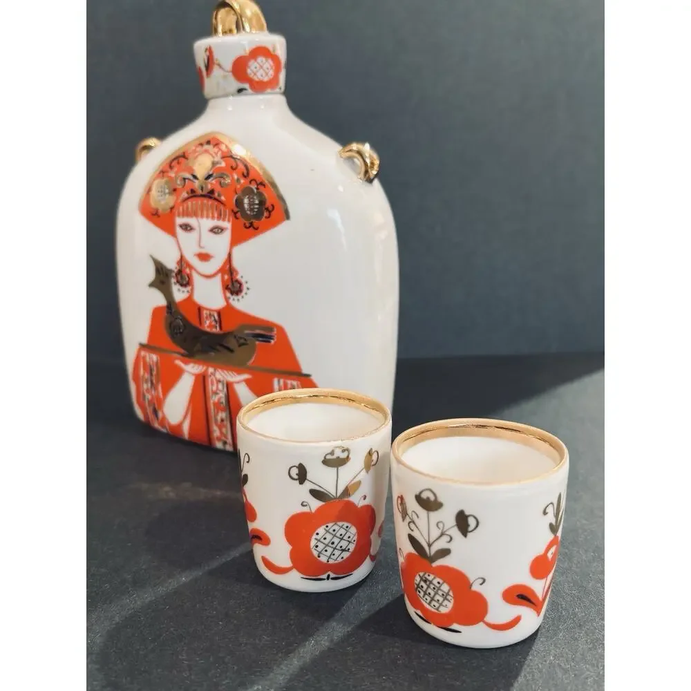 ￼ Vintage USSR Russian Porcelain Decanter Set Woman Holding Bird Rooster 2 Cups